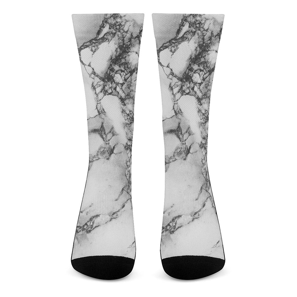 White Dark Grey Marble Print Crew Socks