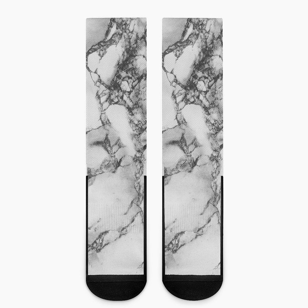 White Dark Grey Marble Print Crew Socks
