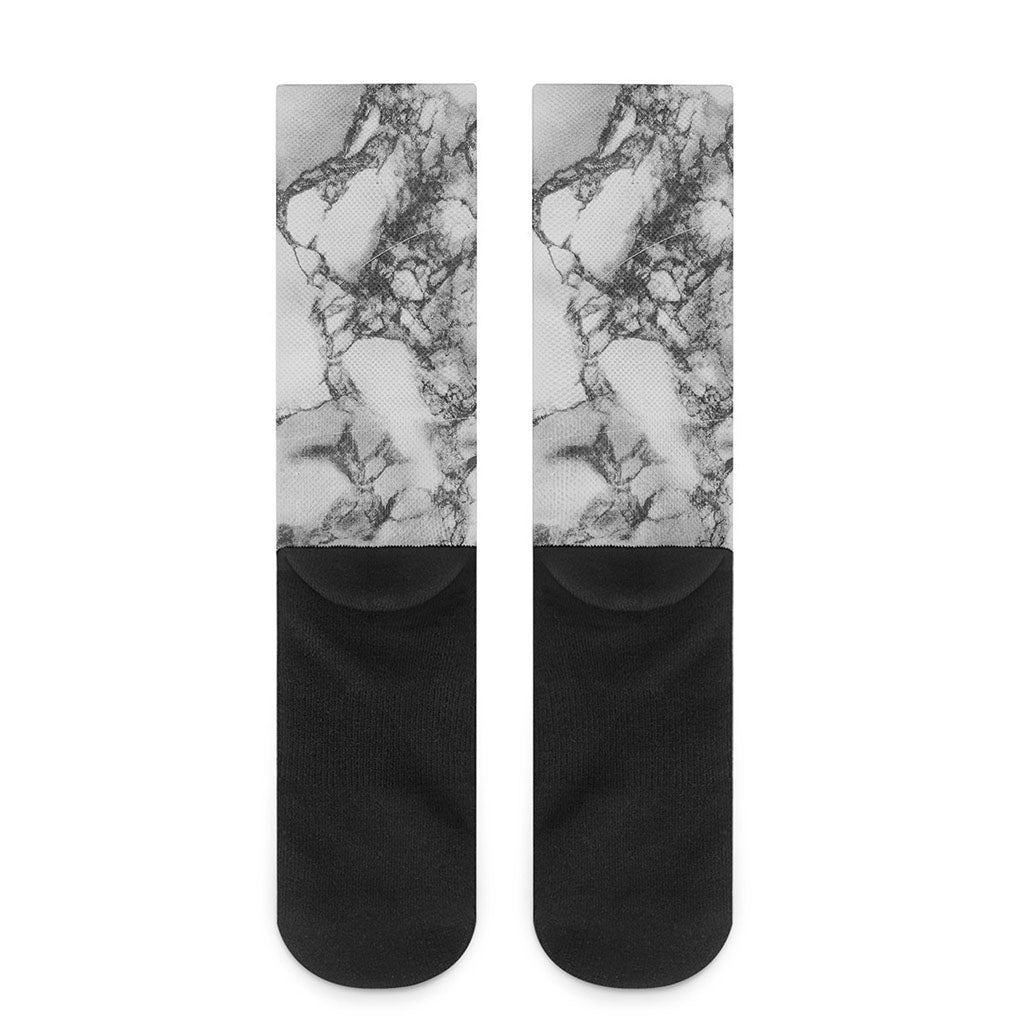 White Dark Grey Marble Print Crew Socks