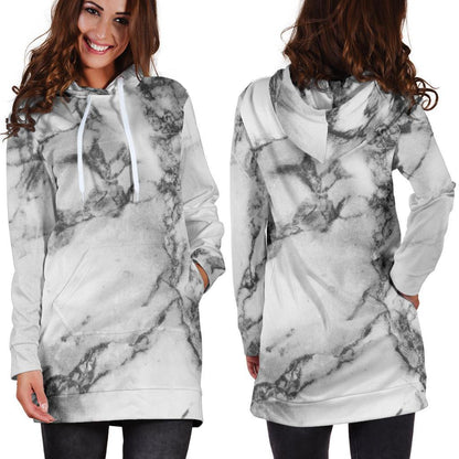 White Dark Grey Marble Print Hoodie Dress GearFrost