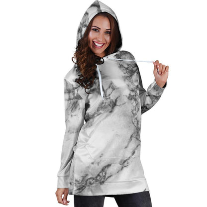 White Dark Grey Marble Print Hoodie Dress GearFrost