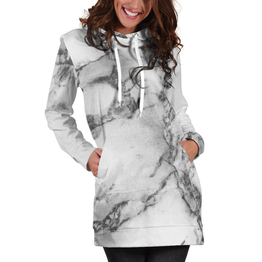 White Dark Grey Marble Print Hoodie Dress GearFrost