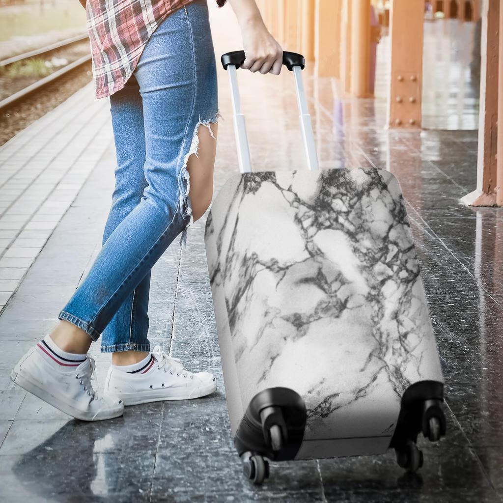 White Dark Grey Marble Print Luggage Cover GearFrost