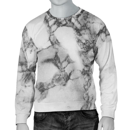 White Dark Grey Marble Print Men's Crewneck Sweatshirt GearFrost