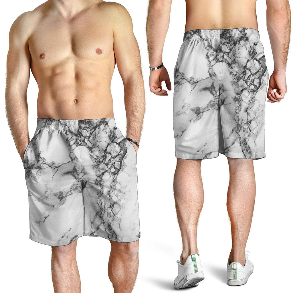 White Dark Grey Marble Print Men's Shorts