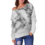 White Dark Grey Marble Print Off Shoulder Sweatshirt GearFrost