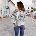 White Dark Grey Marble Print Off Shoulder Sweatshirt GearFrost