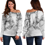 White Dark Grey Marble Print Off Shoulder Sweatshirt GearFrost