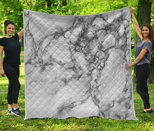 White Dark Grey Marble Print Quilt