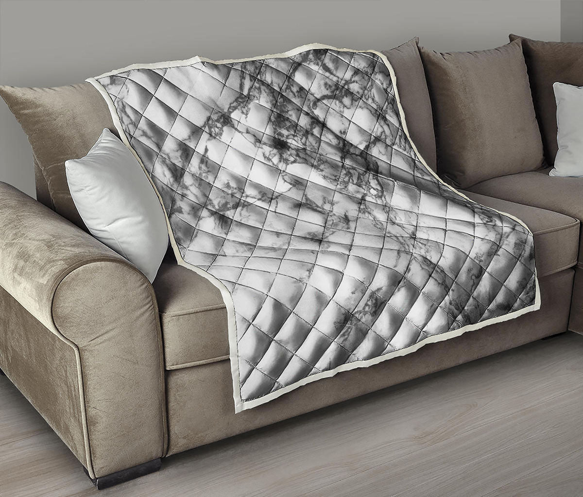 White Dark Grey Marble Print Quilt