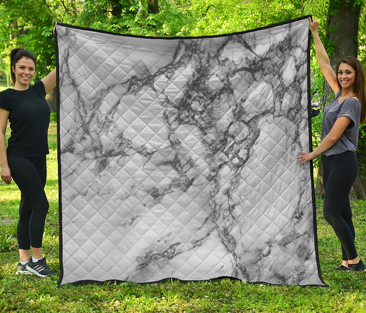 White Dark Grey Marble Print Quilt
