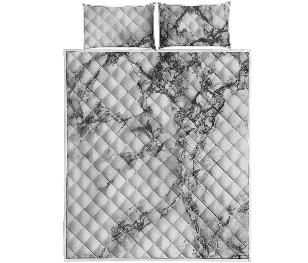 White Dark Grey Marble Print Quilt Bed Set