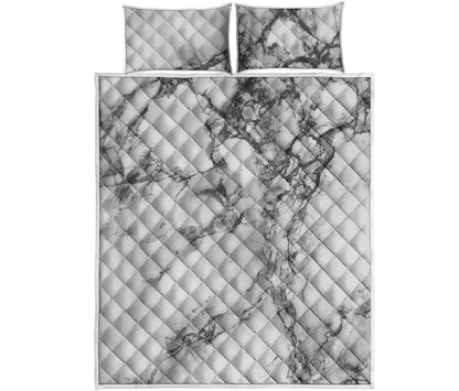 White Dark Grey Marble Print Quilt Bed Set