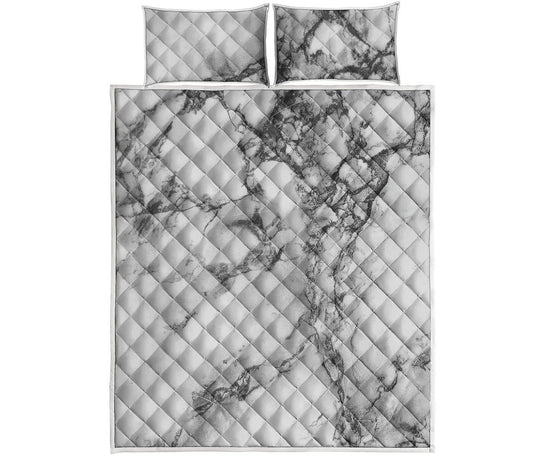 White Dark Grey Marble Print Quilt Bed Set
