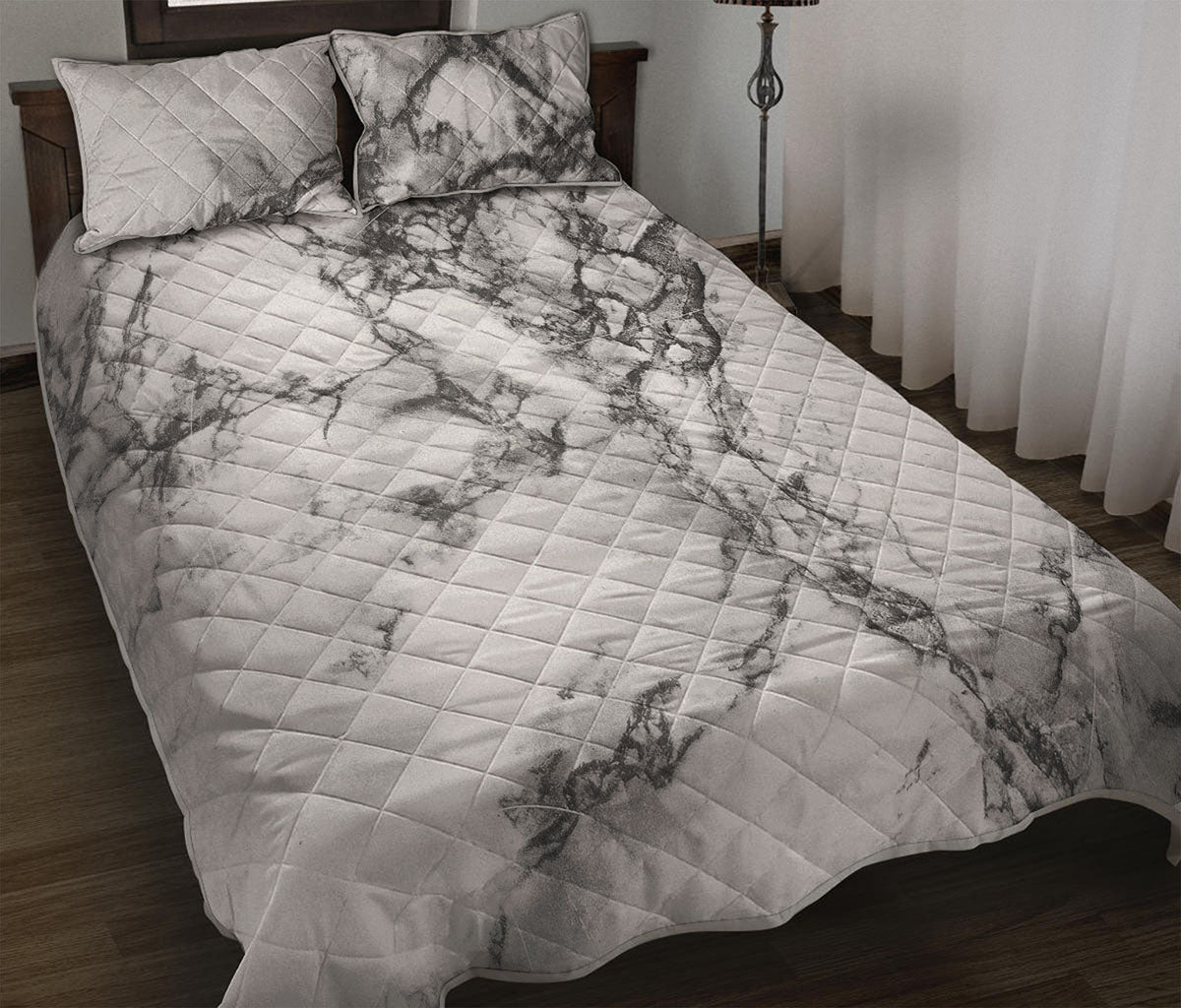 White Dark Grey Marble Print Quilt Bed Set