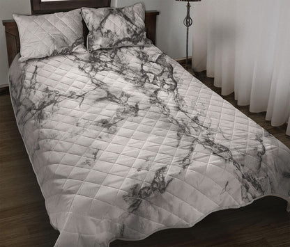 White Dark Grey Marble Print Quilt Bed Set