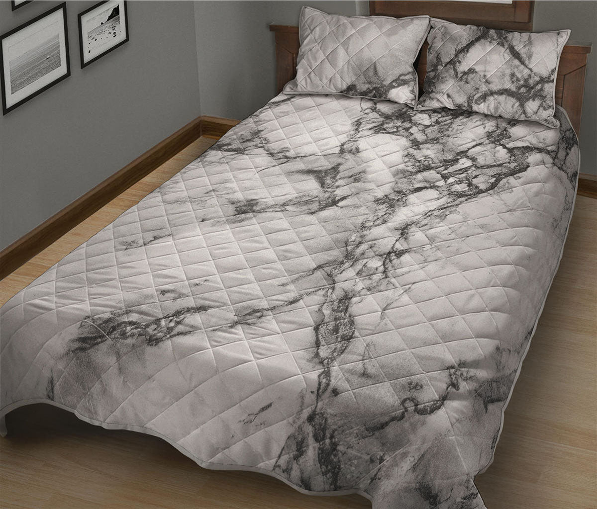 White Dark Grey Marble Print Quilt Bed Set