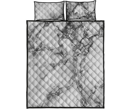 White Dark Grey Marble Print Quilt Bed Set