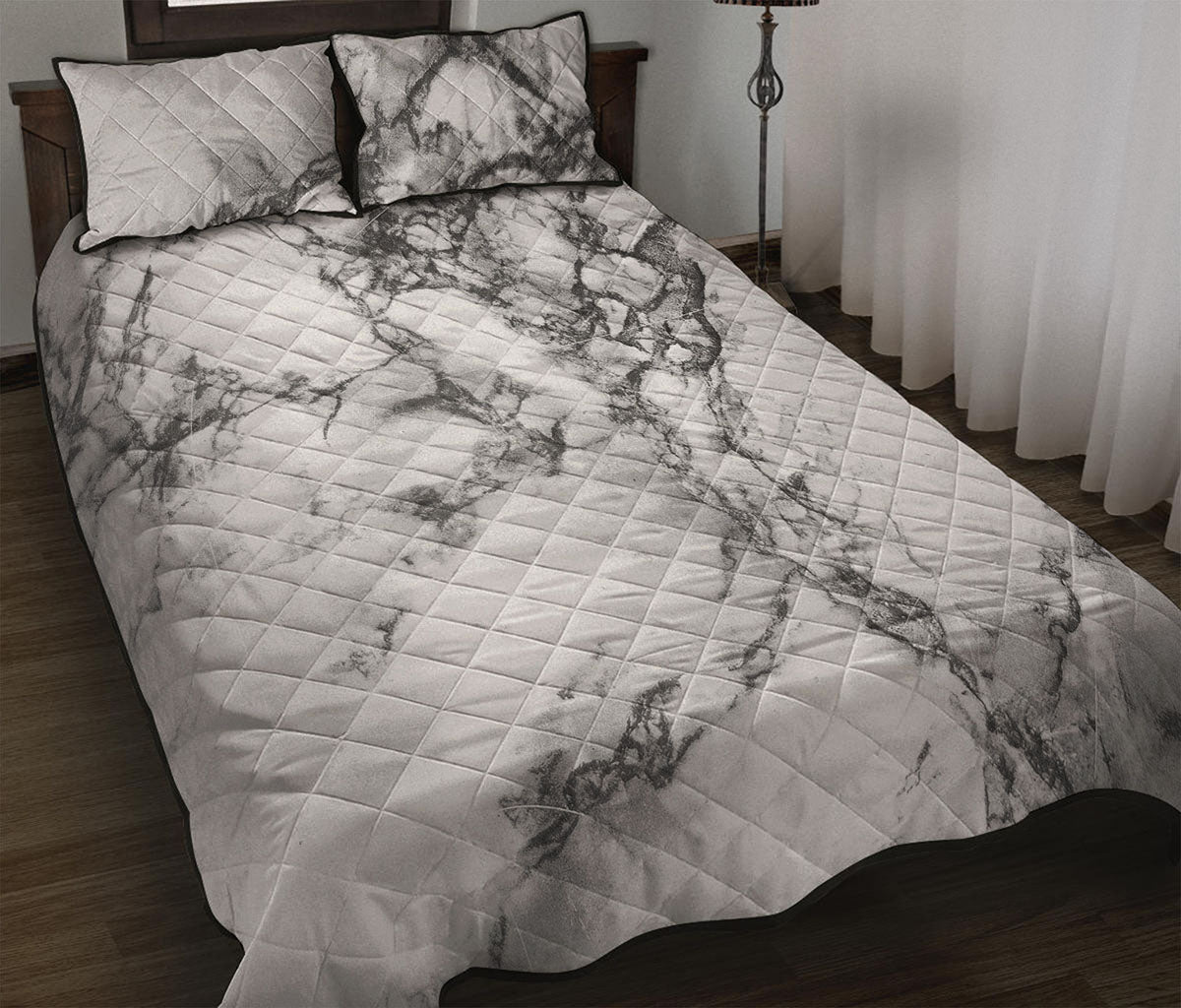 White Dark Grey Marble Print Quilt Bed Set