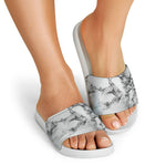 White Dark Grey Marble Print White Slide Sandals