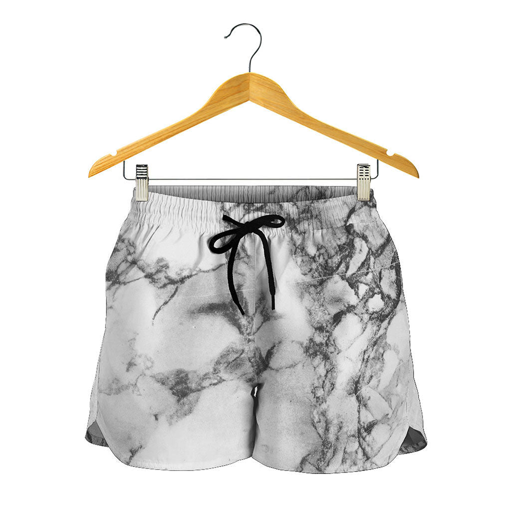 White Dark Grey Marble Print Women's Shorts
