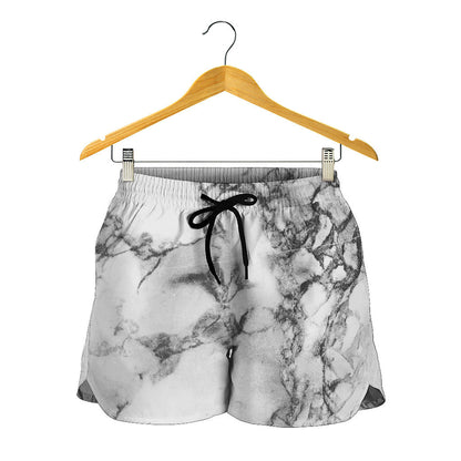 White Dark Grey Marble Print Women's Shorts