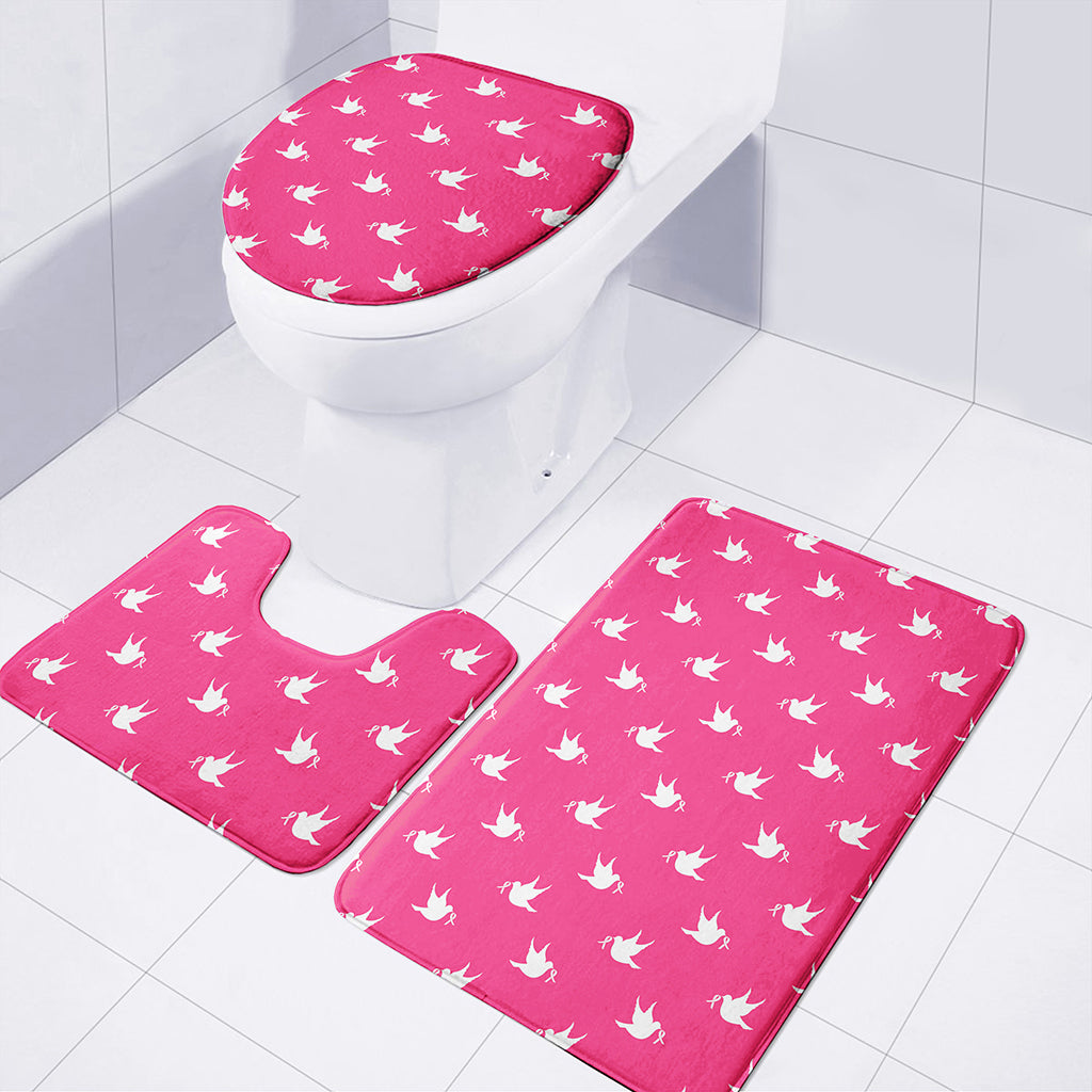 White Dove Breast Cancer Pattern Print 3 Piece Bath Mat Set