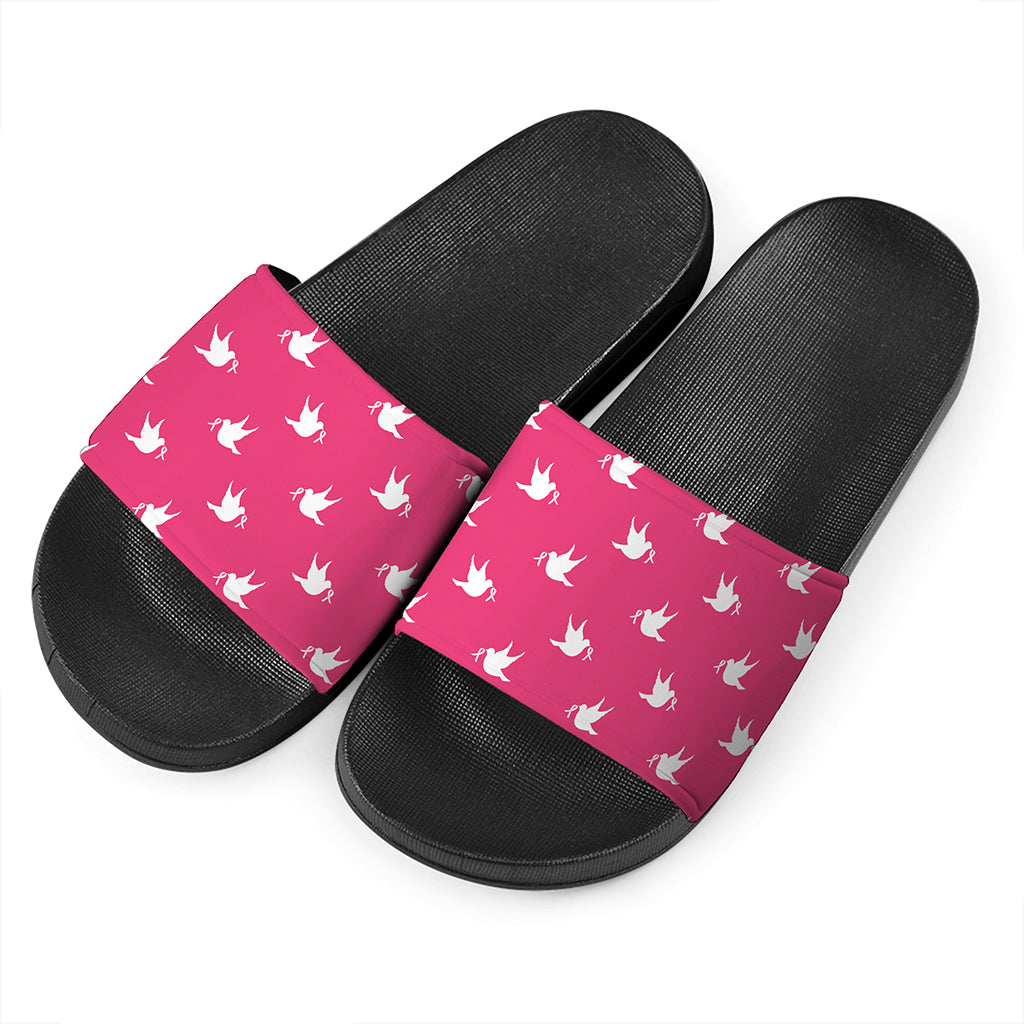 White Dove Breast Cancer Pattern Print Black Slide Sandals
