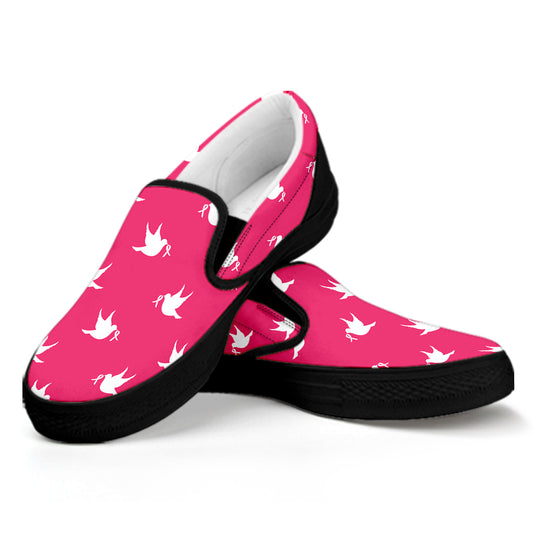 White Dove Breast Cancer Pattern Print Black Slip On Shoes