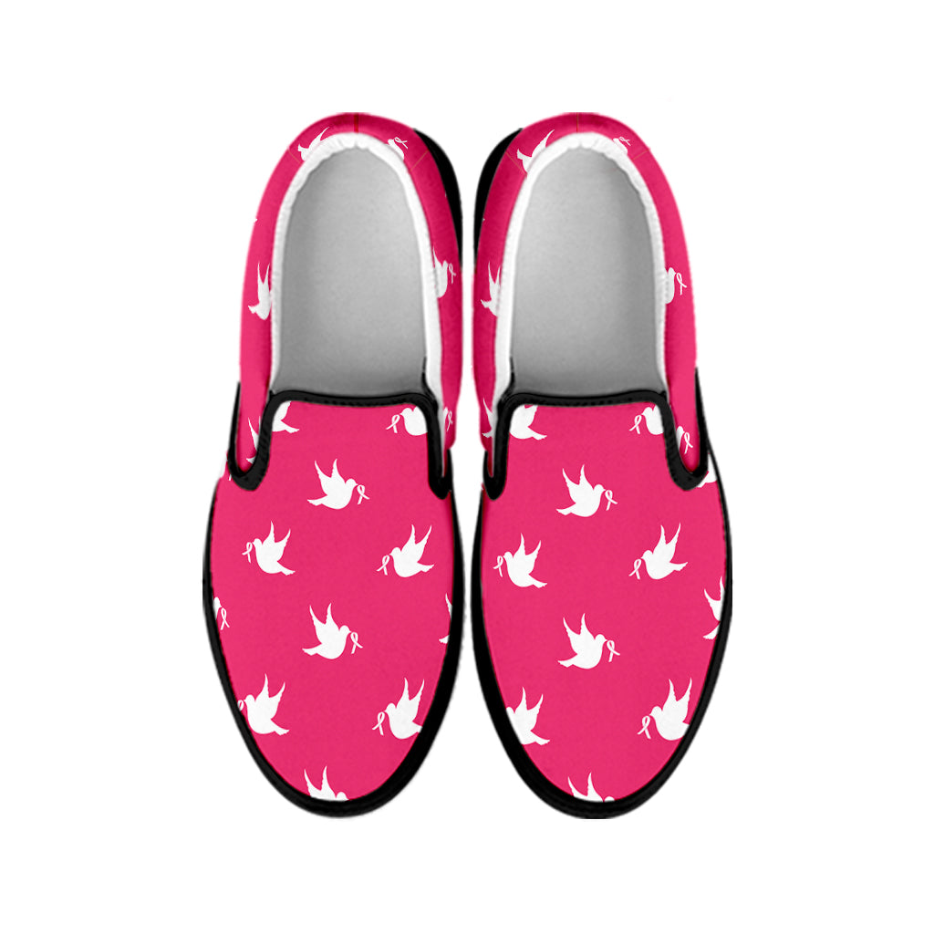 White Dove Breast Cancer Pattern Print Black Slip On Shoes