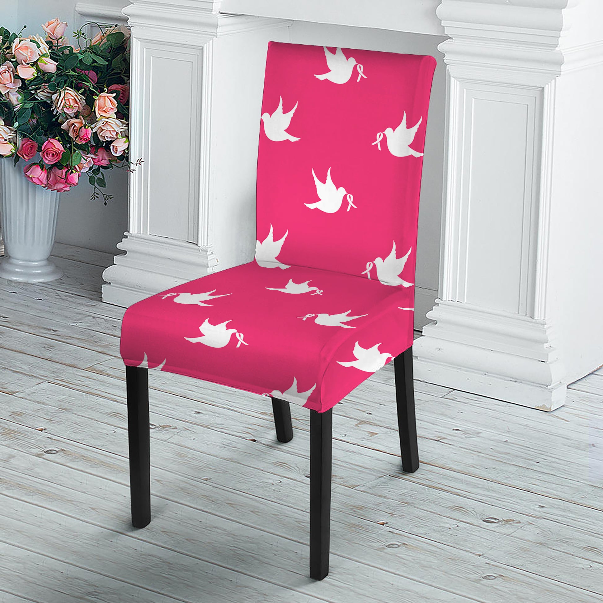 White Dove Breast Cancer Pattern Print Dining Chair Slipcover