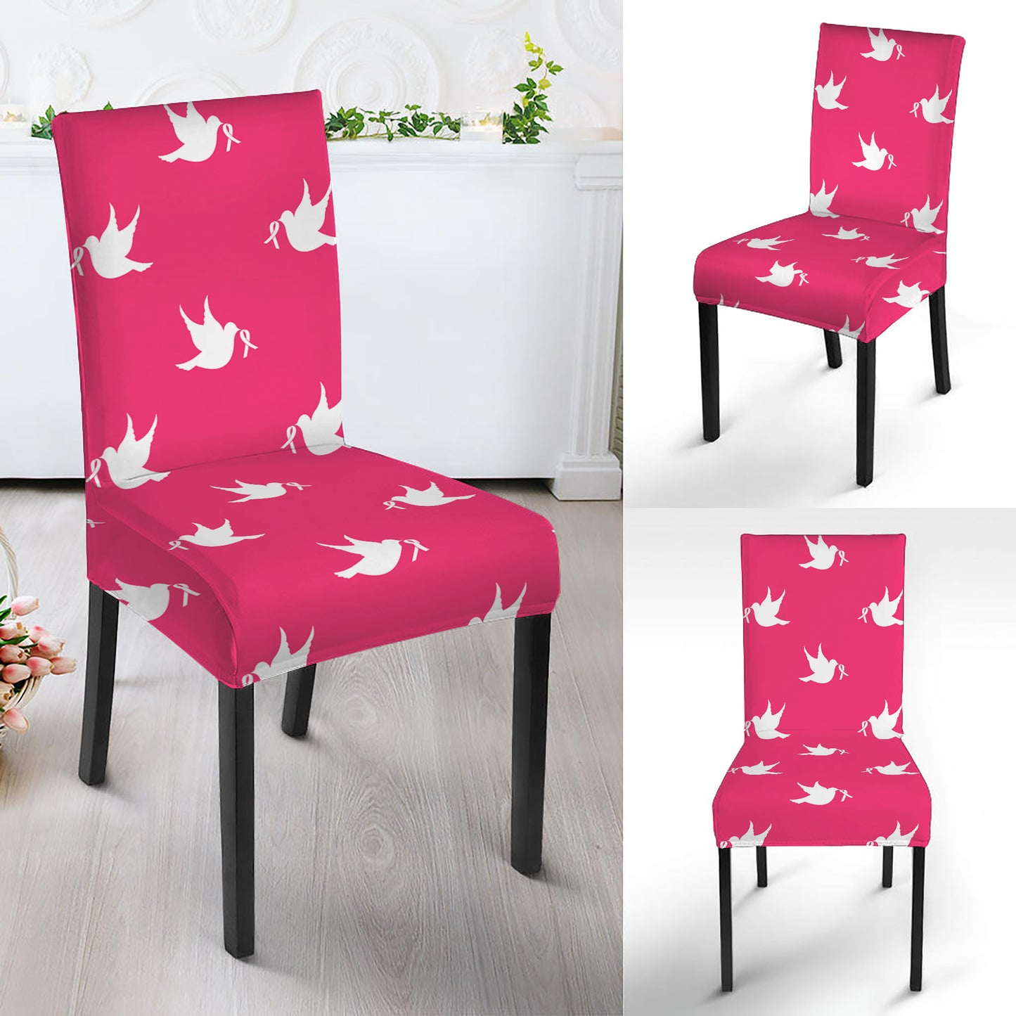White Dove Breast Cancer Pattern Print Dining Chair Slipcover