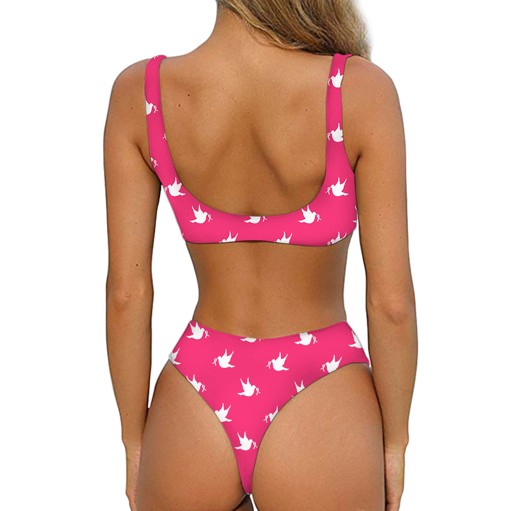 White Dove Breast Cancer Pattern Print Front Bow Tie Bikini
