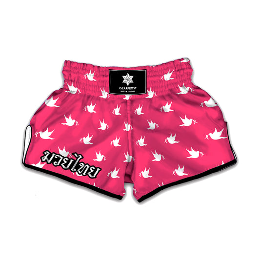 White Dove Breast Cancer Pattern Print Muay Thai Boxing Shorts
