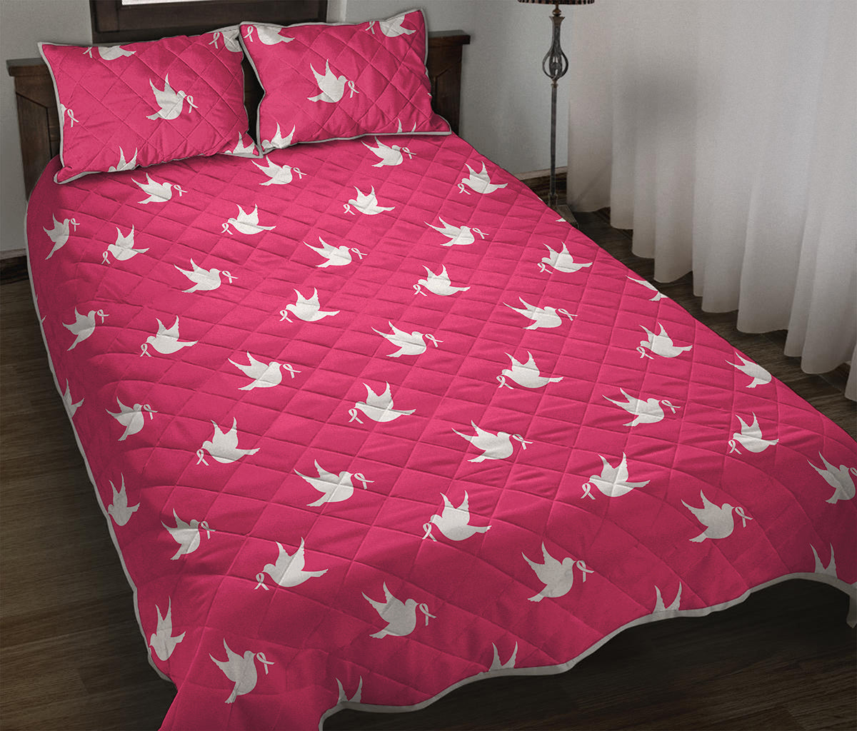 White Dove Breast Cancer Pattern Print Quilt Bed Set