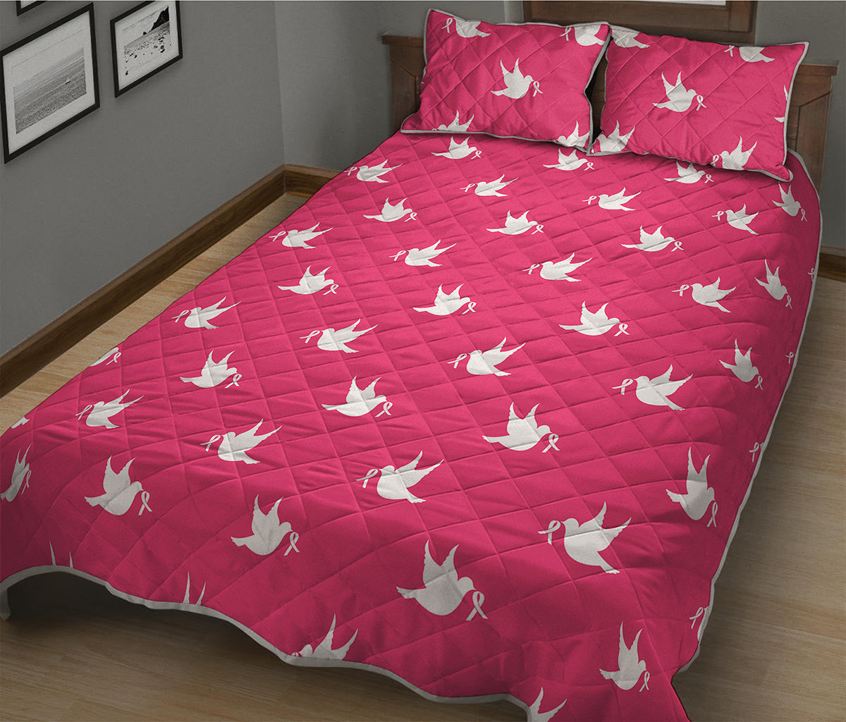 White Dove Breast Cancer Pattern Print Quilt Bed Set