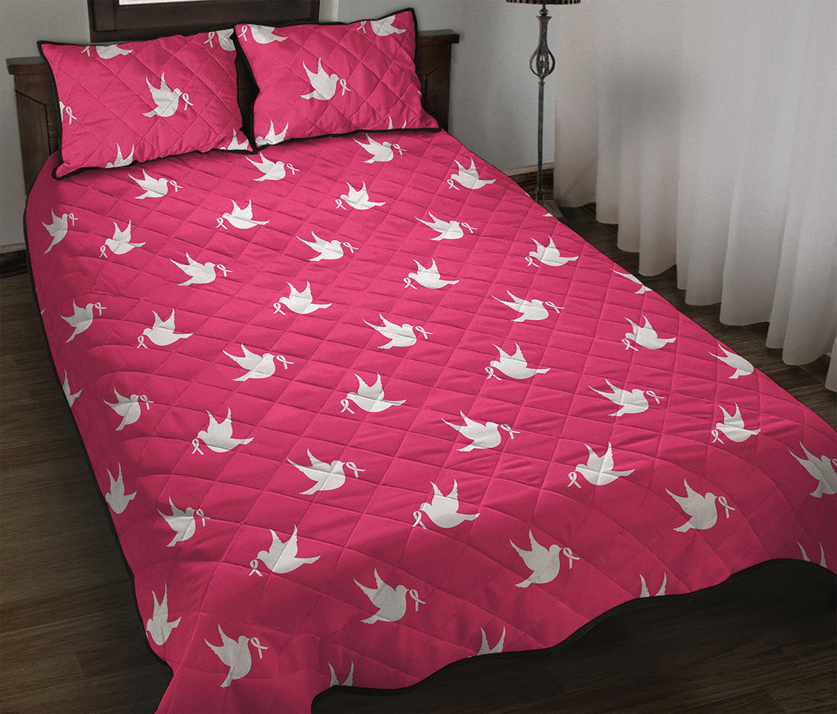 White Dove Breast Cancer Pattern Print Quilt Bed Set