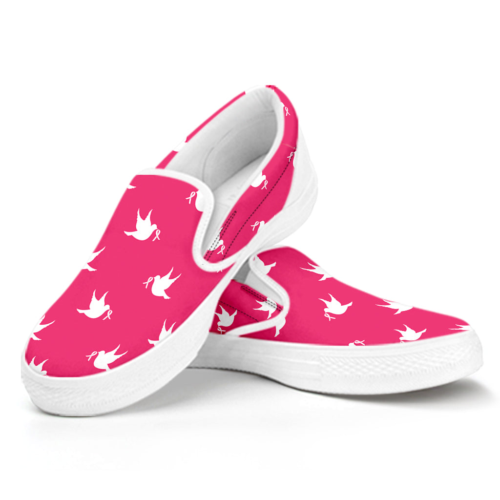 White Dove Breast Cancer Pattern Print White Slip On Shoes