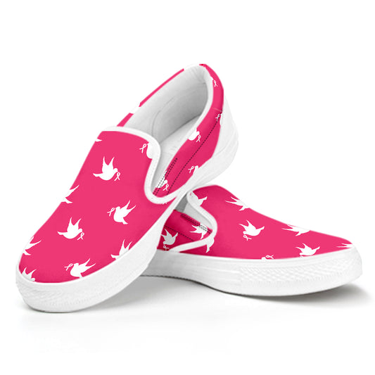 White Dove Breast Cancer Pattern Print White Slip On Shoes