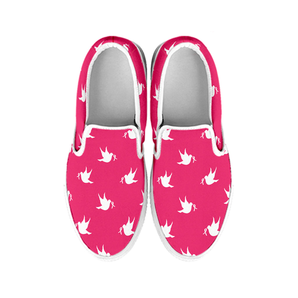 White Dove Breast Cancer Pattern Print White Slip On Shoes