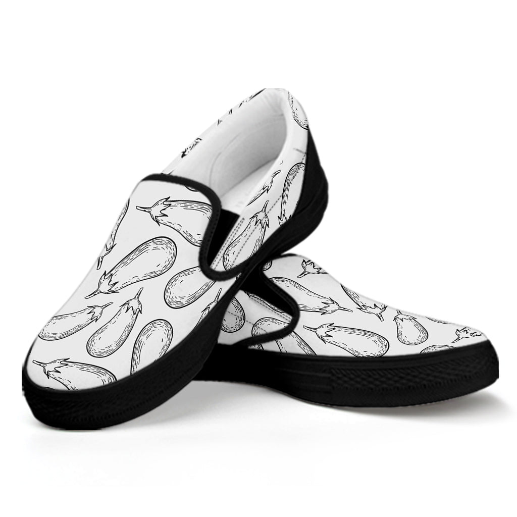 White Eggplant Drawing Print Black Slip On Shoes