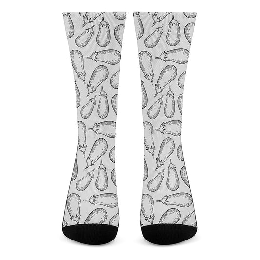 White Eggplant Drawing Print Crew Socks
