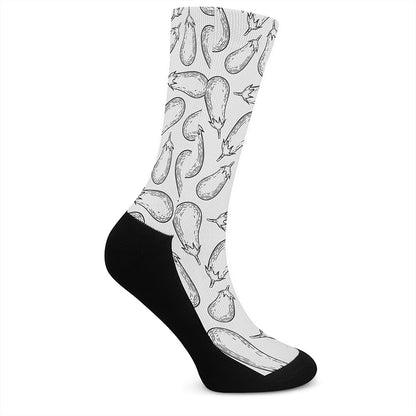 White Eggplant Drawing Print Crew Socks