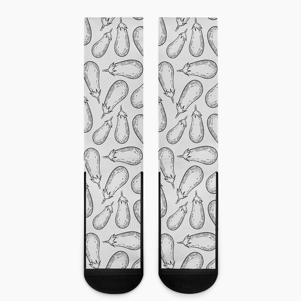 White Eggplant Drawing Print Crew Socks