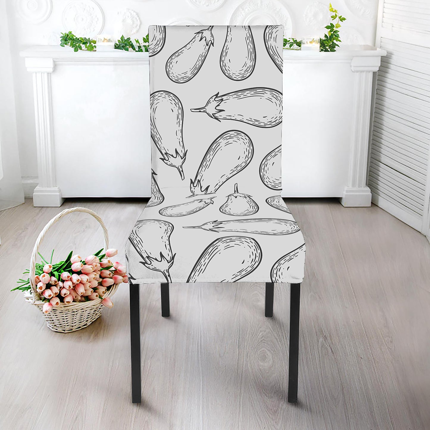 White Eggplant Drawing Print Dining Chair Slipcover