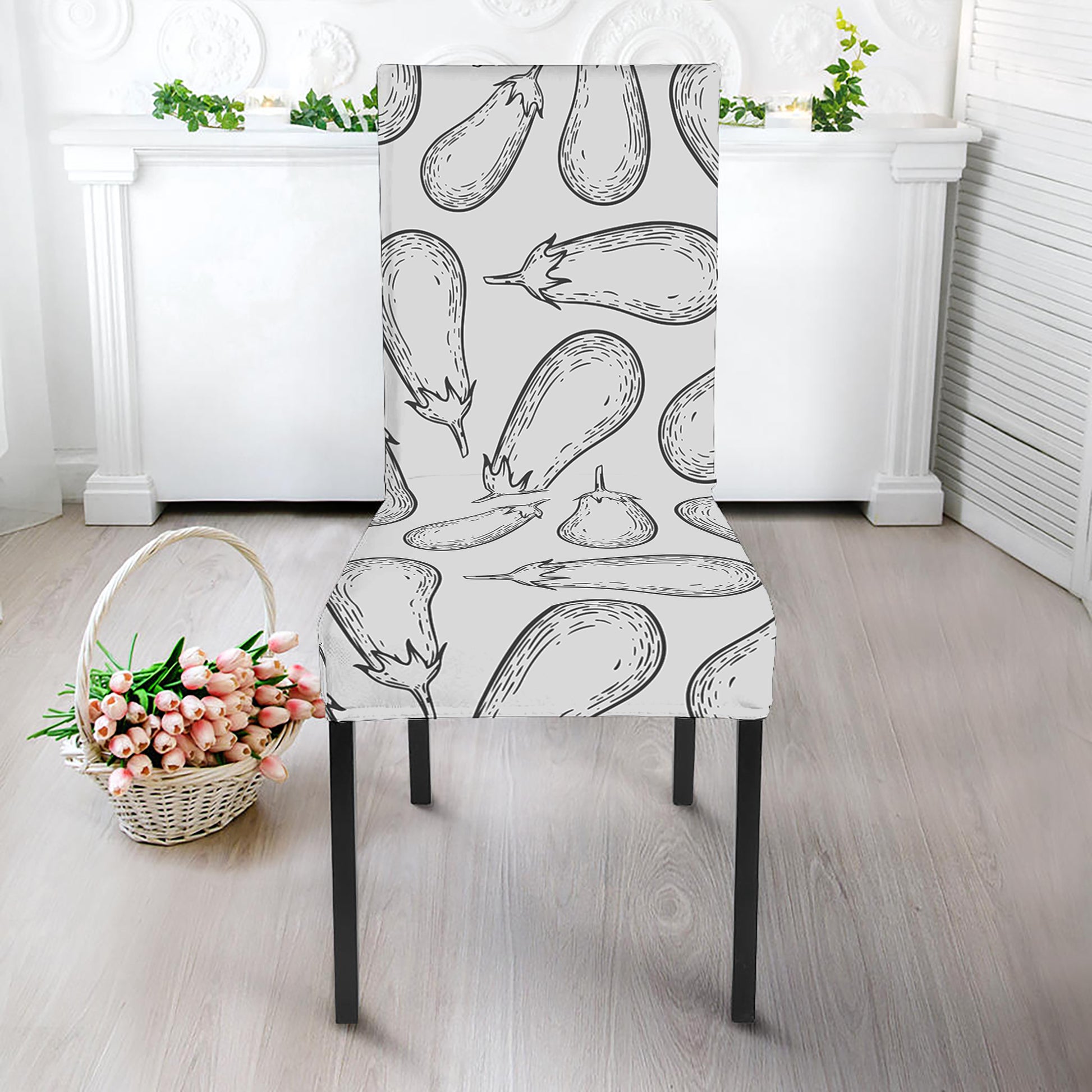 White Eggplant Drawing Print Dining Chair Slipcover