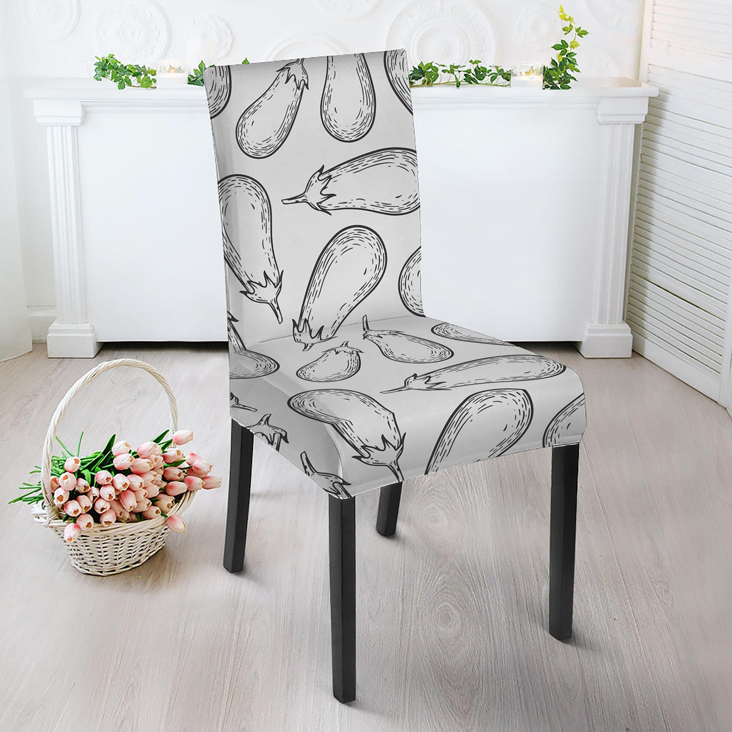 White Eggplant Drawing Print Dining Chair Slipcover