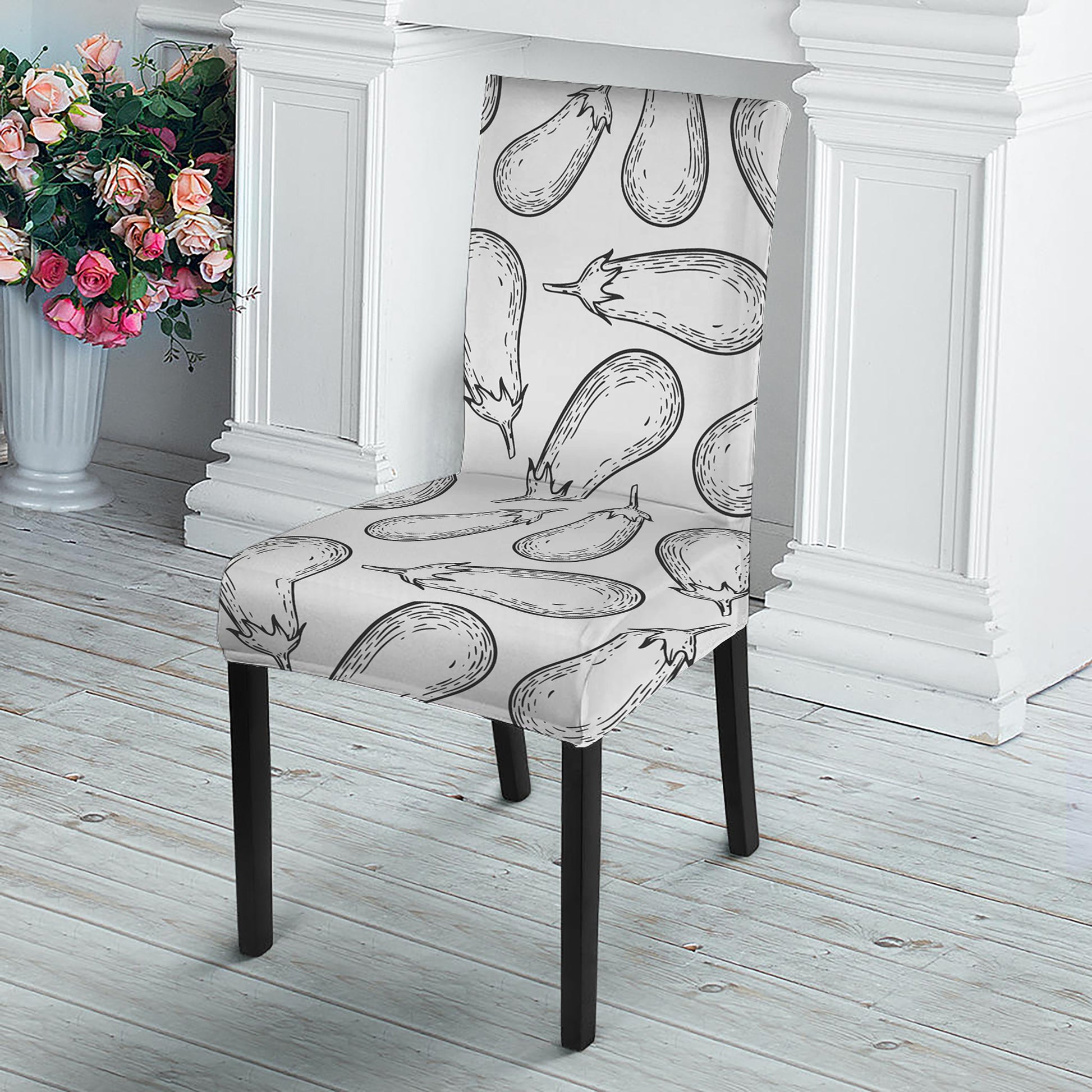 White Eggplant Drawing Print Dining Chair Slipcover