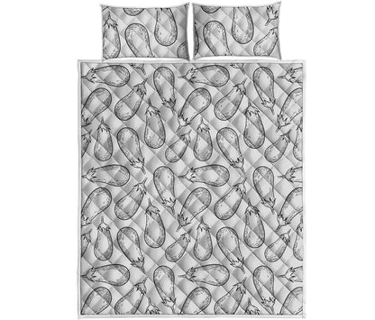 White Eggplant Drawing Print Quilt Bed Set