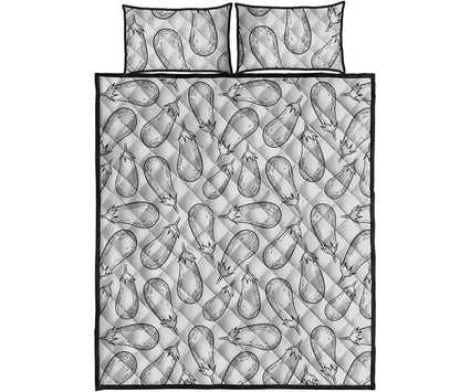 White Eggplant Drawing Print Quilt Bed Set